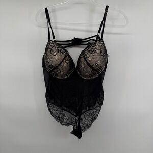 Fredricks of Hollywood Black Lace Teddy Bodysuit 2X Strappy Cupped Sheer Mesh